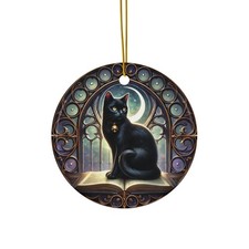 Ceramic Black Cat Ornament with Moon, Gothic Arch, and Mystical Book Design
