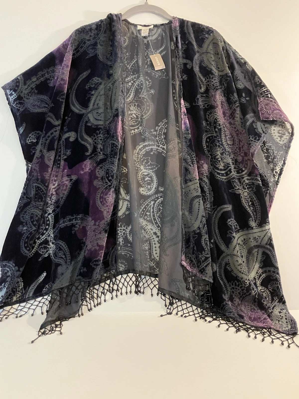 Chicos Shawl Kimono Poncho Paisley Burnout Velvet with Beaded Fringe One Size