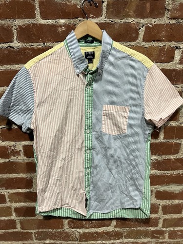 J Crew Shirt Mens Medium L Seersucker Colorblock Short Sleeve Flex Washed