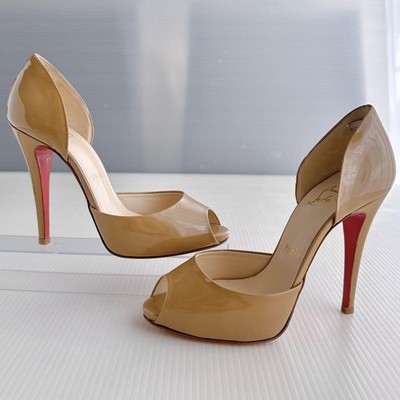 Christian Louboutin Open Toe Pumps Beige Patent Leather 12cm Heel