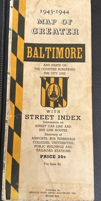 1943-1944 Map of Greater BALTIMORE with Street Car Lines, Bus Routes Etc