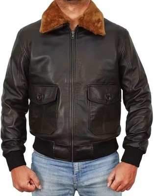 Herren Schwarz Echtleder Bomberjacke Flieger Flieger Pilot Mantel mit Fellkragen