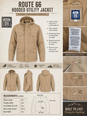 Route 66 Men's Hooded Utility Jacket Tan Canvas Cotton Blend Size XL