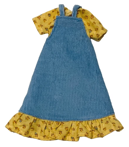 Vintage Mattel Barbie Doll Blue Corduroy Yellow Floral Clone Dress Shirt Fashion