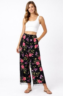 Vintage Key Lime Pie Pants Floral L Black Beaded Fringe High Rise Boho Festival