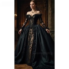 Gothic Black Wedding Dress Vintage Victorian Off Shoulder Princess Bridal Gown