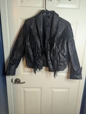 Vintage Lariat Black Leather Womens Fringed Button USA Made Sz 10 Western Biker