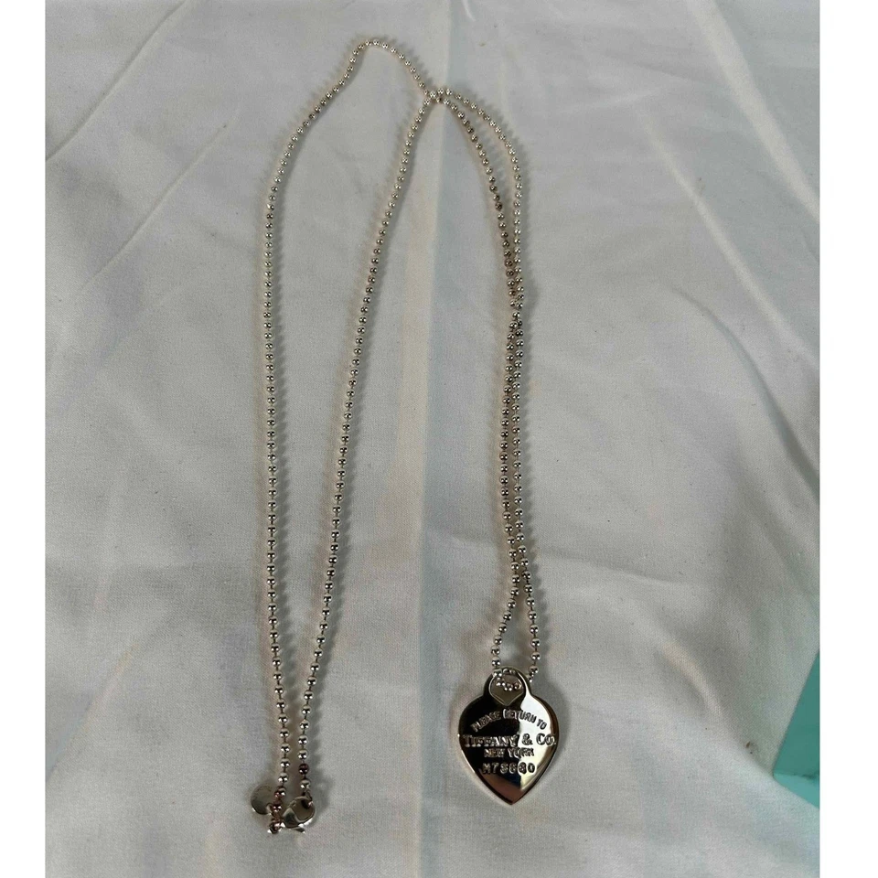 Tiffany & Co. Sterling Silver Heart Tag Pendant Bead Chain Necklace 16 Inches - Image 3 of 4