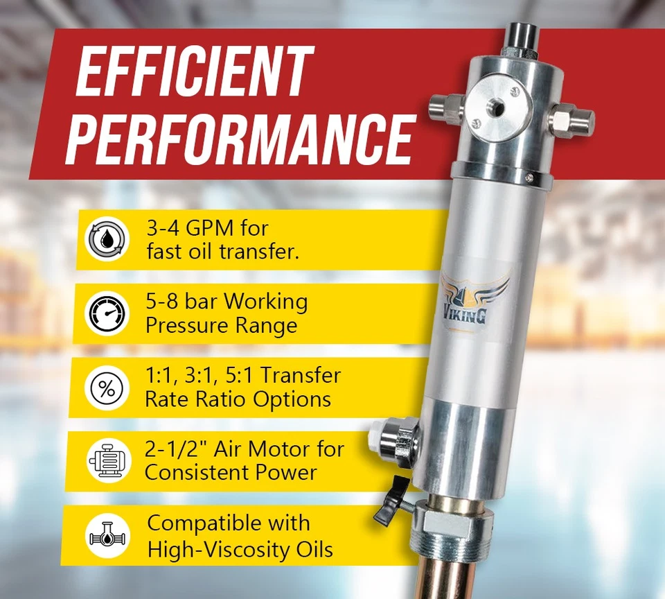 Bomba de aceite operada por aire, relación 5:1, para tambores de 55 gal (205 ltr) 18 LPM / 4,76 GPM Foto 2 de 4