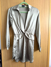 PRETTYLITTLETHING Silver Satin Shirt Dress Tie Front Collared Long Sleeve 8