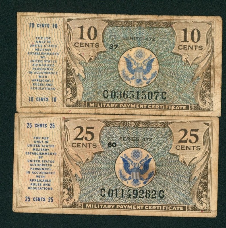 ((2 NOTES)) 10/25 ¢ US Military Payment Certificate ** PAPER CURRENCY
