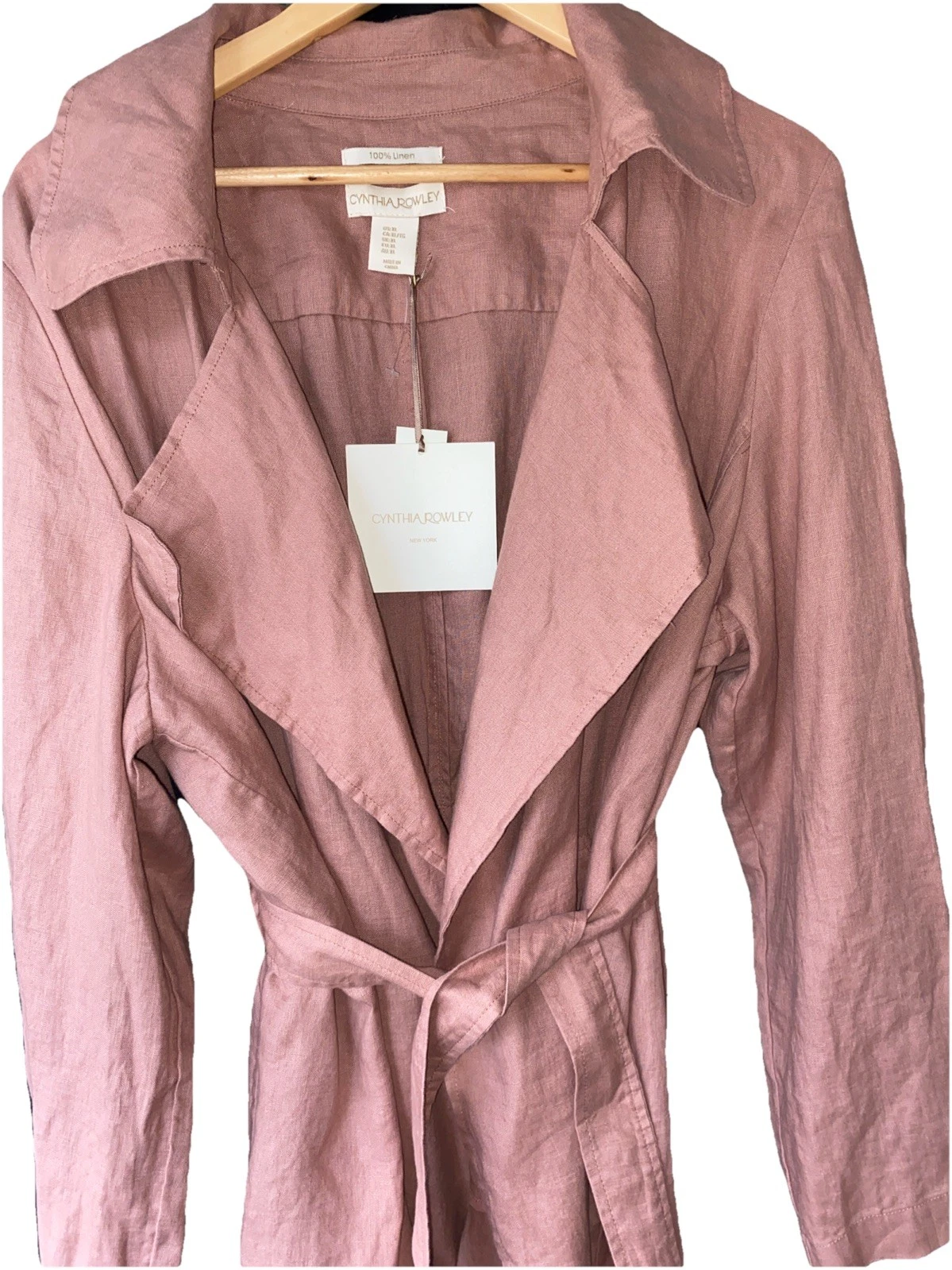New Cynthia Rowley 100% Linen Trench Coat Dusty Rose Tie Waist Pockets Womens XL