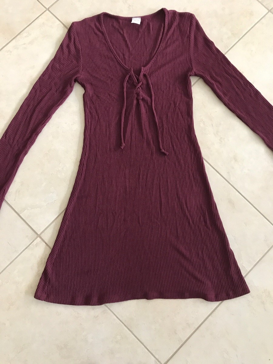Brandy Melville Maroon Ribbed Long Sleeve Dress S