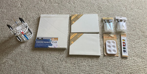 Art supplies - Canvases, paint brushes, brush stand, palettes, watercolors