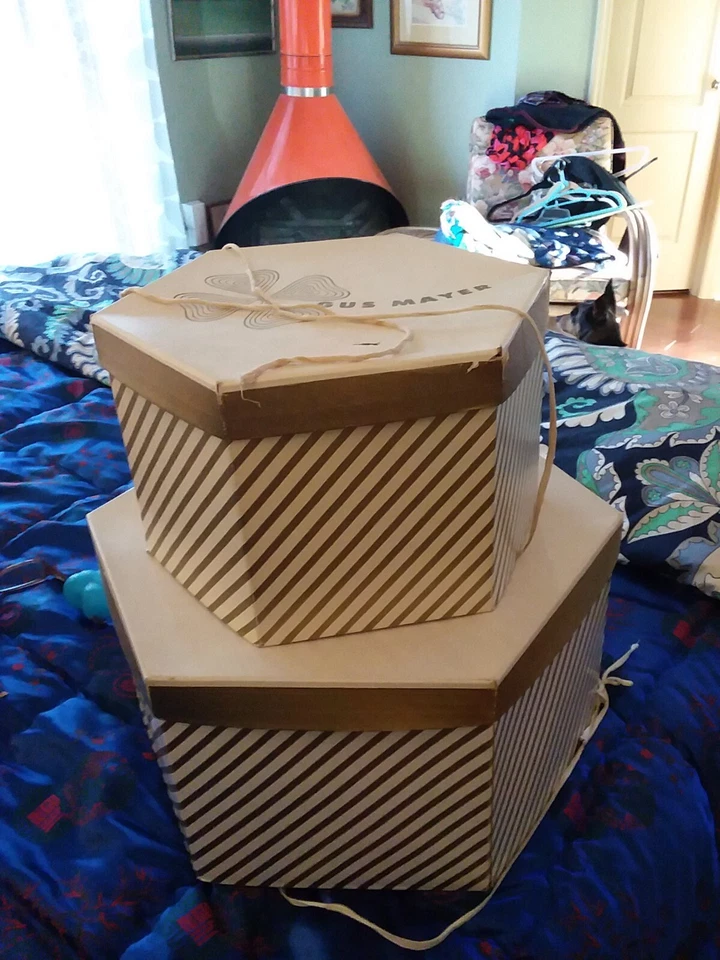 De colección 1950 Gus Mayer Birmingham grandes almacenes sombrero caja par 2 rayas doradas Foto 3 de 4