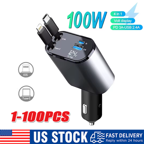 Retractable Car Charger 4in1 Fast Car Phone 16 Charger 120W USB Type C Cable lot