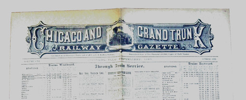 REMARKABLE 1883 CHICAGO AND & GRAND TRUNK RAILWAY GAZETTE VOL. 1, #1. 4pp, large