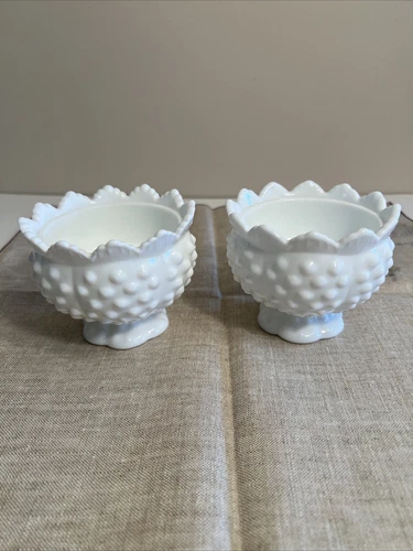 Fenton White Hobnail Glass Set Of 2 Candle Holders, Excellent Condition Vintage
