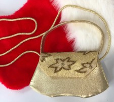 Gold Satin Evening Box Purse Dressy Handbag  Crossbody Beaded Sequins Lace Flap