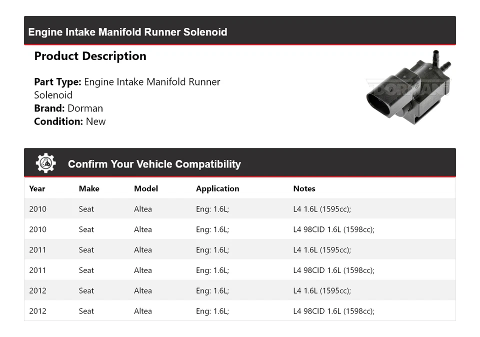 Colector de admisión de motor Seat Altea Dorman 2010-2012 solenoide corredor 2011 Foto 2 de 4