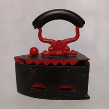 Cast Iron Coal Clothes Iron Black Red Wooden Handle 7.5" x 4" x 8.75" Tall