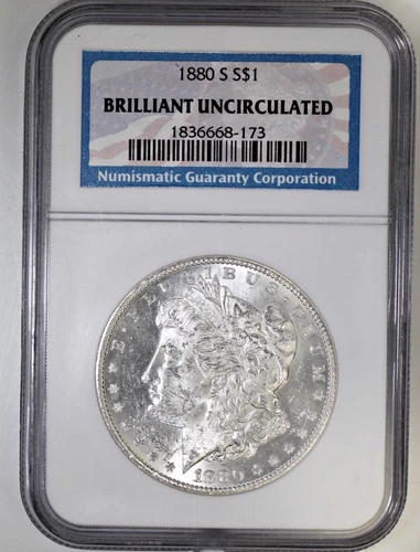 1880 S Morgan Silver Dollar NGC BU Brilliant Uncirculated Blast White Flag Label