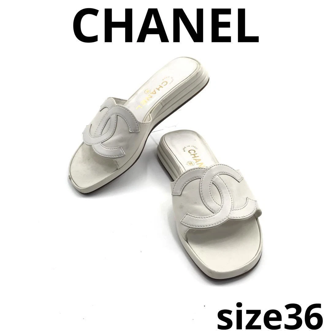 CHANEL Flat Sandals CC Logo EU 36 White Used