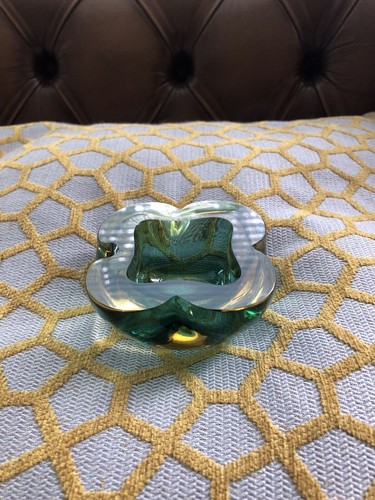 Flavio Poli Seguso Pinched Shape Murano Art Glass Sommerso Green Amber Mini Bowl - Picture 6 of 22