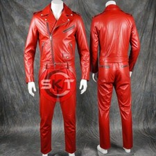 MEN'S GENUINE RED SOFT LEATHER JUMPSUIT CATSUIT FRONT ZIPPER OVERALL BODYSUITS