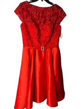 Elegant Red Hanhao Womens Dress With Lace Bodice & Belted Waist Size Med