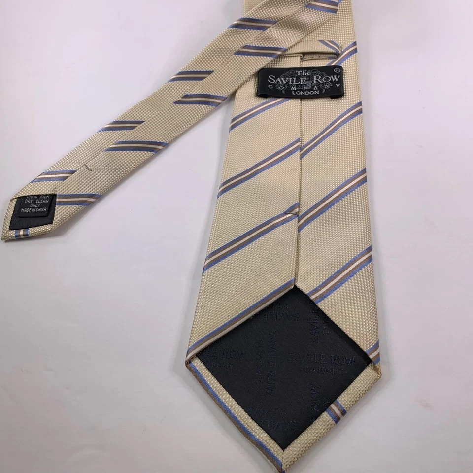 Corbata clásica para hombre The Savile Row beige azul a rayas seda texturizada 3 1/2 x 58 Foto 2 de 4