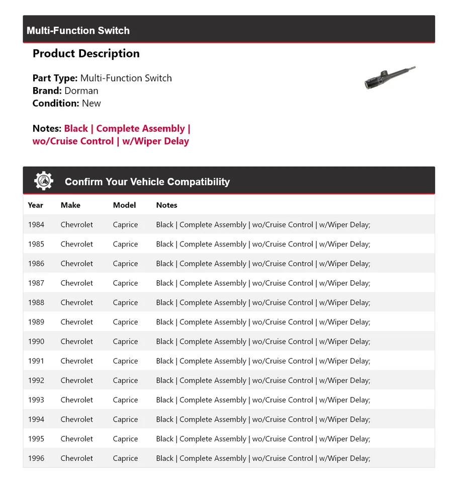 Interruptor multifunción para Chevrolet Caprice Dorman 1984-1996 1985 1986 1987 1988 Foto 2 de 4