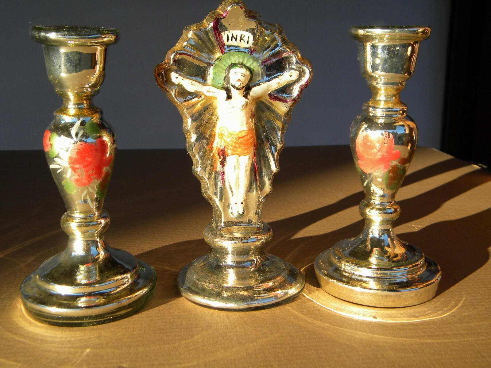 3x BAUERNSILBER GLAS c1880 Mercury Glass Leuchter+Kreuz Spiegelglas Silberglas