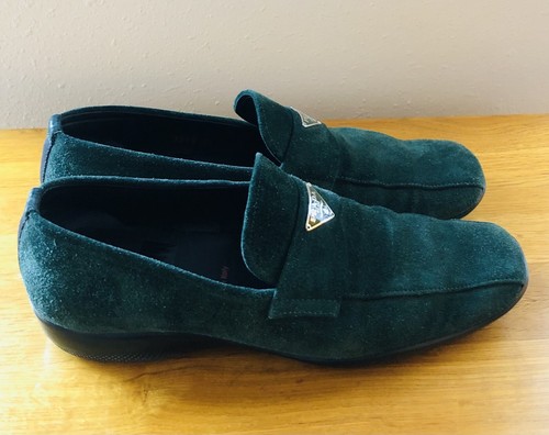 PRADA Signature Hunter Forest Green Suede Leather Slip On Loafers Shoes Size 38 - Picture 3 of 11