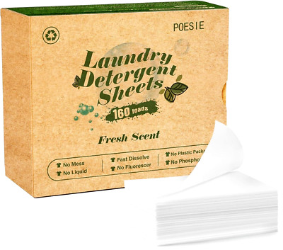 Poesie Laundry Detergent Sheets Fresh Scent 160 Sheets Clear Non-Plastic Hypoall