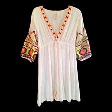 Gauzy Boho Aztec Embroidered Balloon Sleeve Lined White Mini Dress Sz M Pink Owl