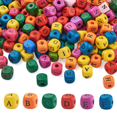 500 Stck. Würfel Holz Perlen mit Buchstaben Muster 10 mm Alphabet Bunt Zwischenring Perlen