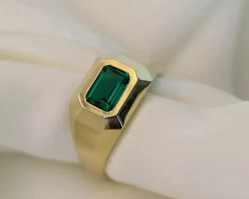2 Ct Emerald Cut Lab Created Green Emerald Pinky Ring In 14K Yellow Gold Plated