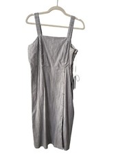 Tahari Striped Sleeveless Linen Midi Dress Womens 12 Button Front Gray White NEW