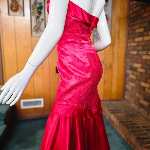 Vtg 80s Prom Queen Drop Waist Mermaid Strapless Satin Jacquard Party Dress S/M - Picture 6 of 10