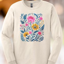 Botanical floral graphic tee colorful flower art shirt blue yellow pink