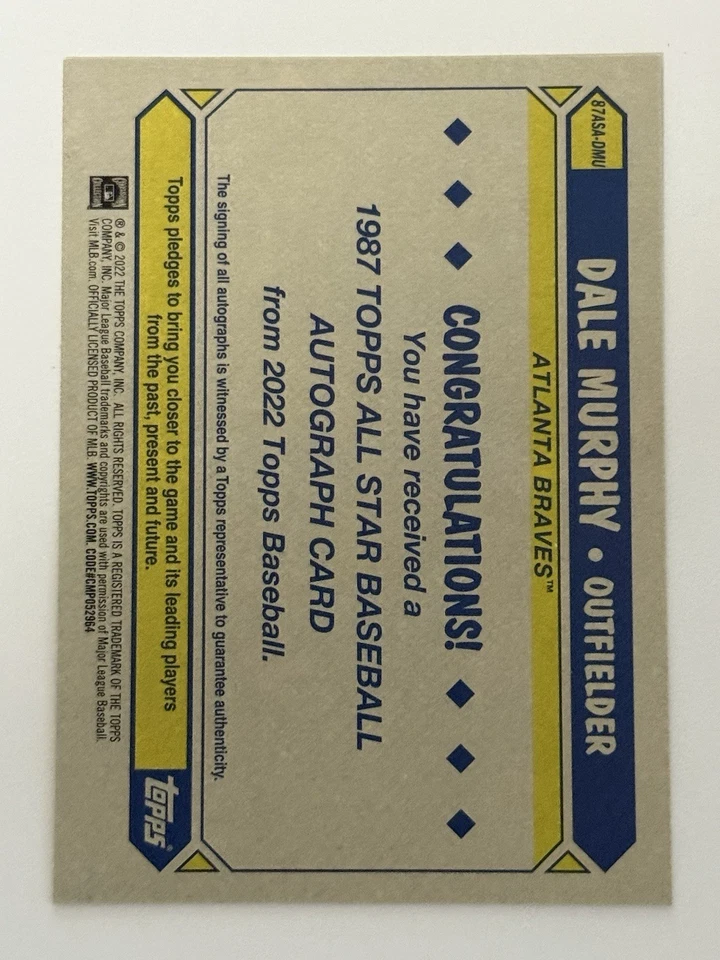 2022 Topps Dale Murphy Auto 35th Anniversary 87ASA-DMU Atlanta Braves - Image 2 of 2