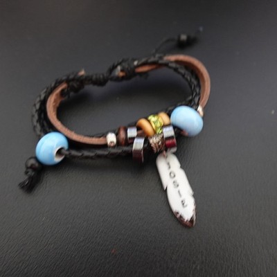 Josie Personalized Boho Bracelet Leather Stack Hippie Indie Name Blue Beads