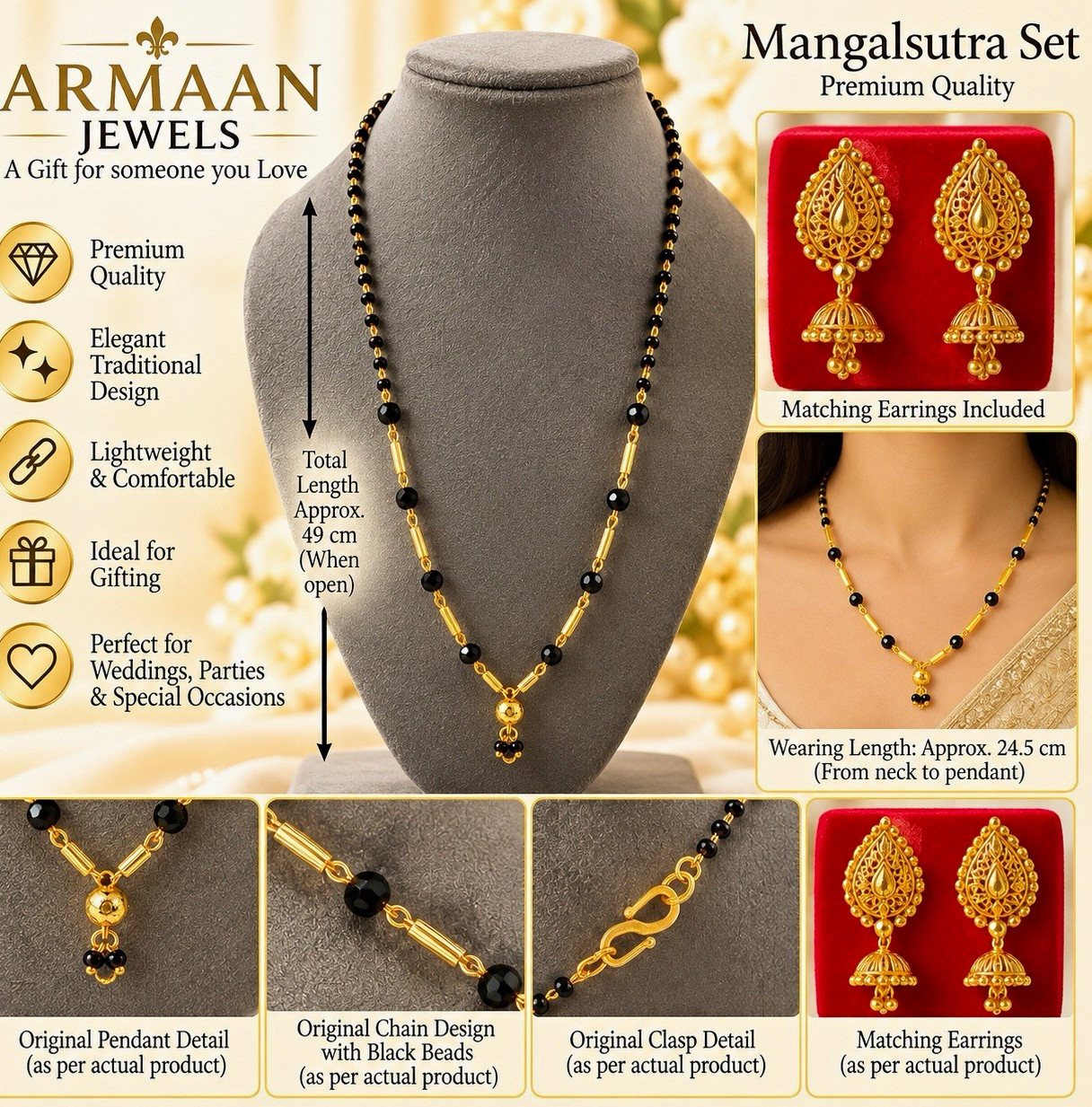 ARMAAN Jewels Gold Tone Black Beaded Mangalsutra Necklace & Jhumka Earrings Set