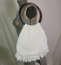 Vintage 70s Creamy White Fringed Lucite Handle Crocheted Handbag Handmade