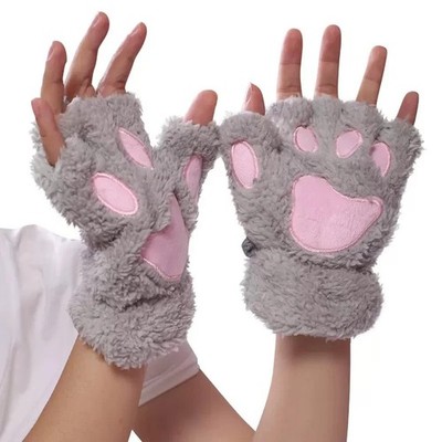 Warm Fluffy Cat Paw Half Finger Gloves Soft Plush Mittens