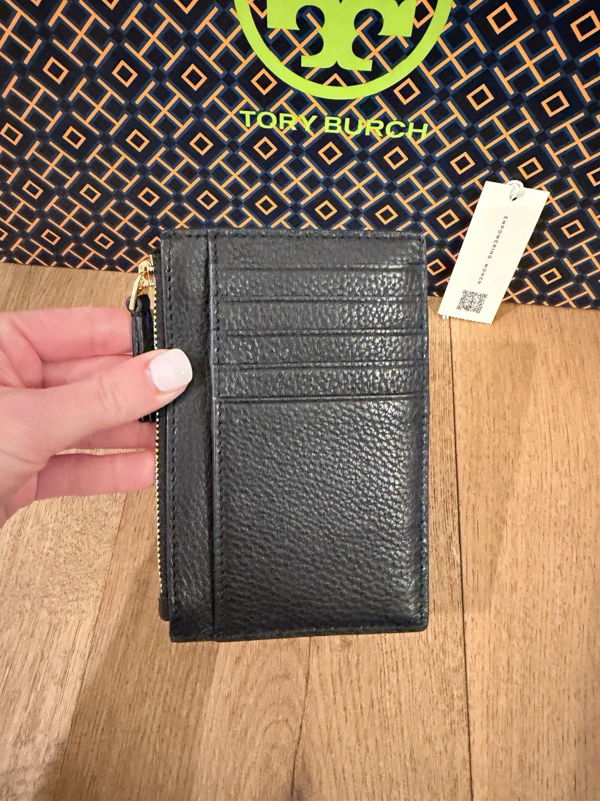 Tory Burch Britten Zip Card Case Mini Wallet Black Gold thumbnail 3