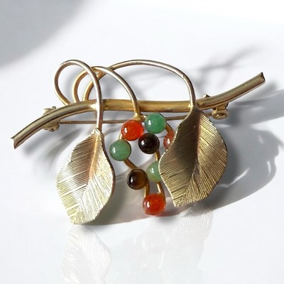 Leaf Branch Botanical Brooch Gemstone Bead Fruit Pin Gold Tone Nature