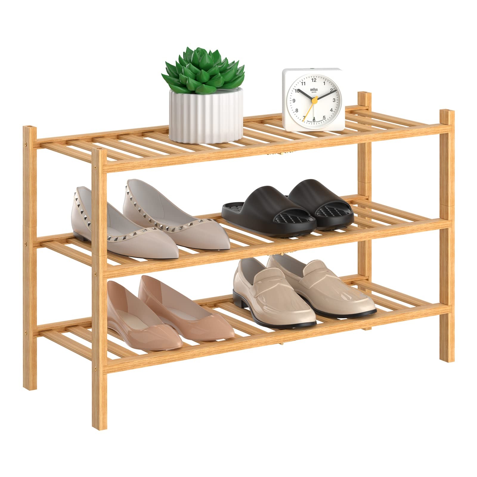 3 Tier Bamboo Shoe Rack Free Standing Closet Storage Organizer Shelf