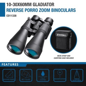 10-30x Zoom 60mm Blue Lens CO11338 Reverse Porro Binocular + Carry Case + Tripod